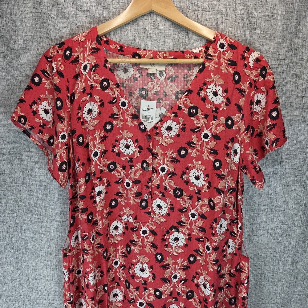 Loft Red Floral Print Short Sleeve Boho Chic Tie V Neck‎ Midi Dress Size 4